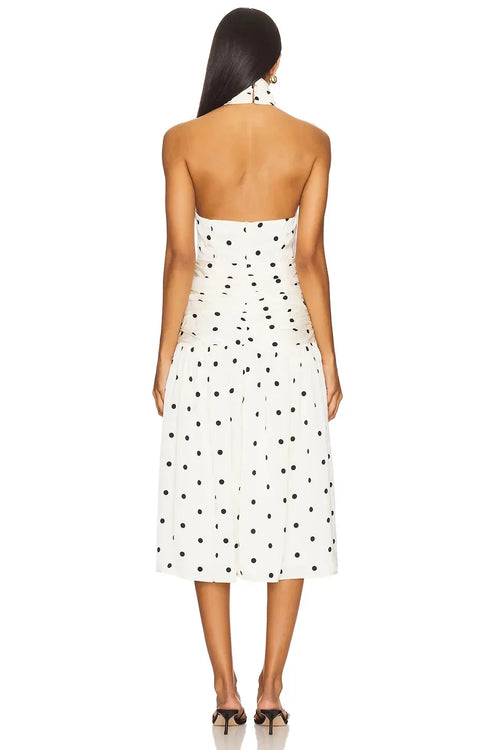 Robe de Soirée Midi Charmante sans Manches à Col Halter à Pois