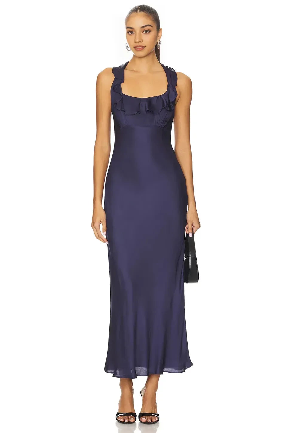 Charming Sheath Halter Neck Sleeveless Ruffle Accent Open Back Midi Evening Dress