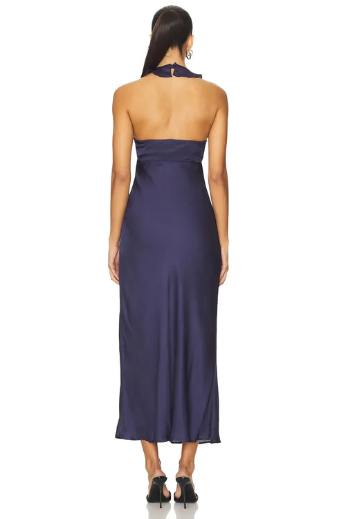 Ravissante Robe de Soirée Midi Fourreau à Col Halter Sans Manches, Détail Volanté et Dos Ouvert