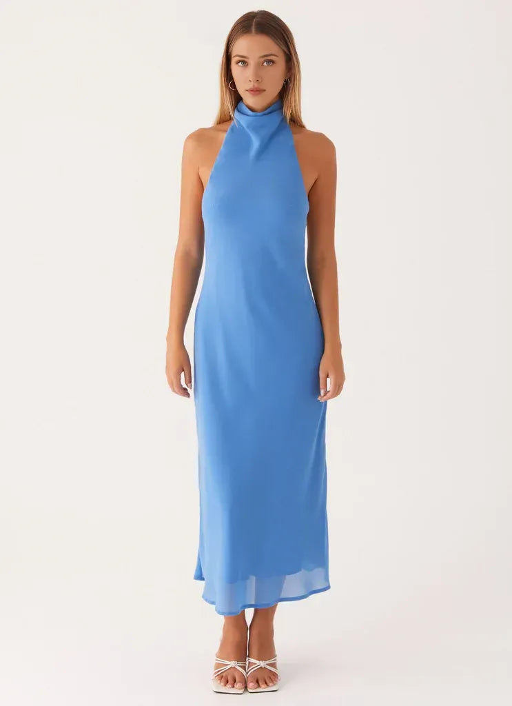 Charming Sheath Halter Neck Sleeveless Tie Back Midi Length Plus Size Evening Dress