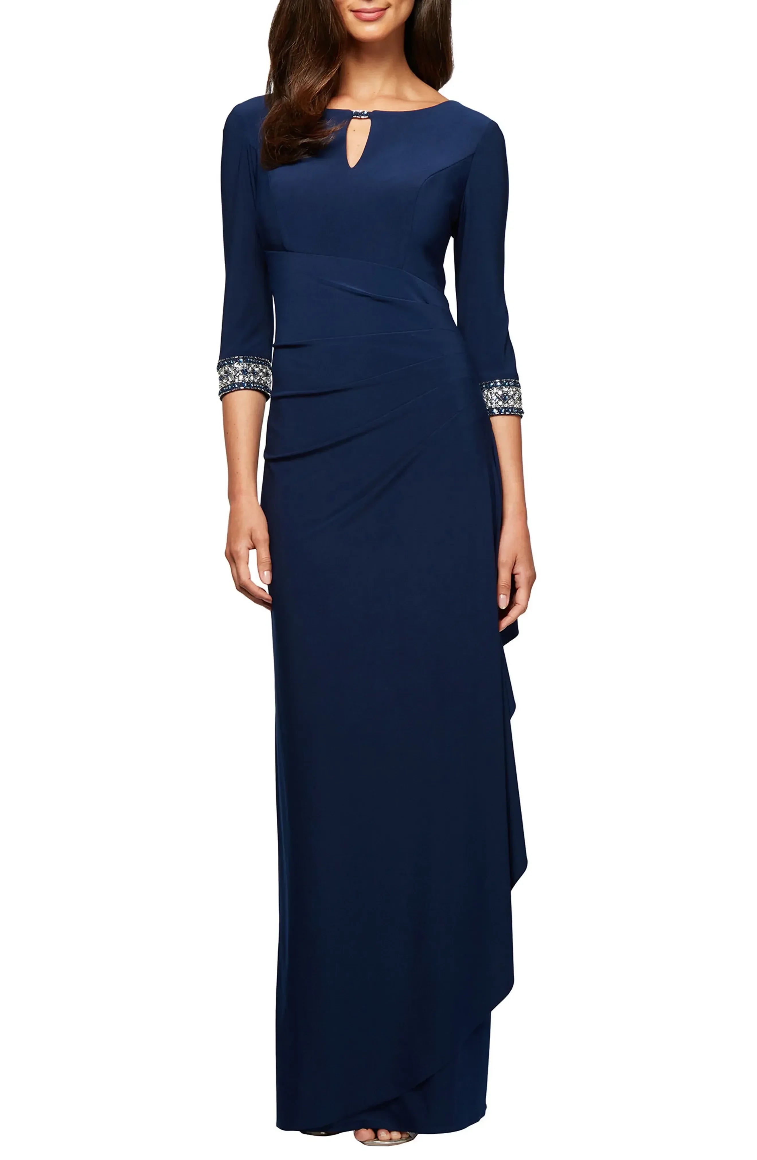 Charming Sheath Keyhole Neck Three Quarter Sleeve Plain Back Floor Length Evening Dress