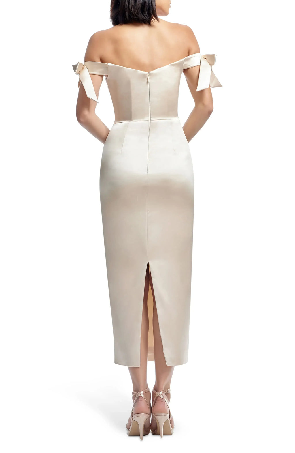 Charming Sheath Off Shoulder Bow Sleeve Zipper Back Midi Length Evening Dress