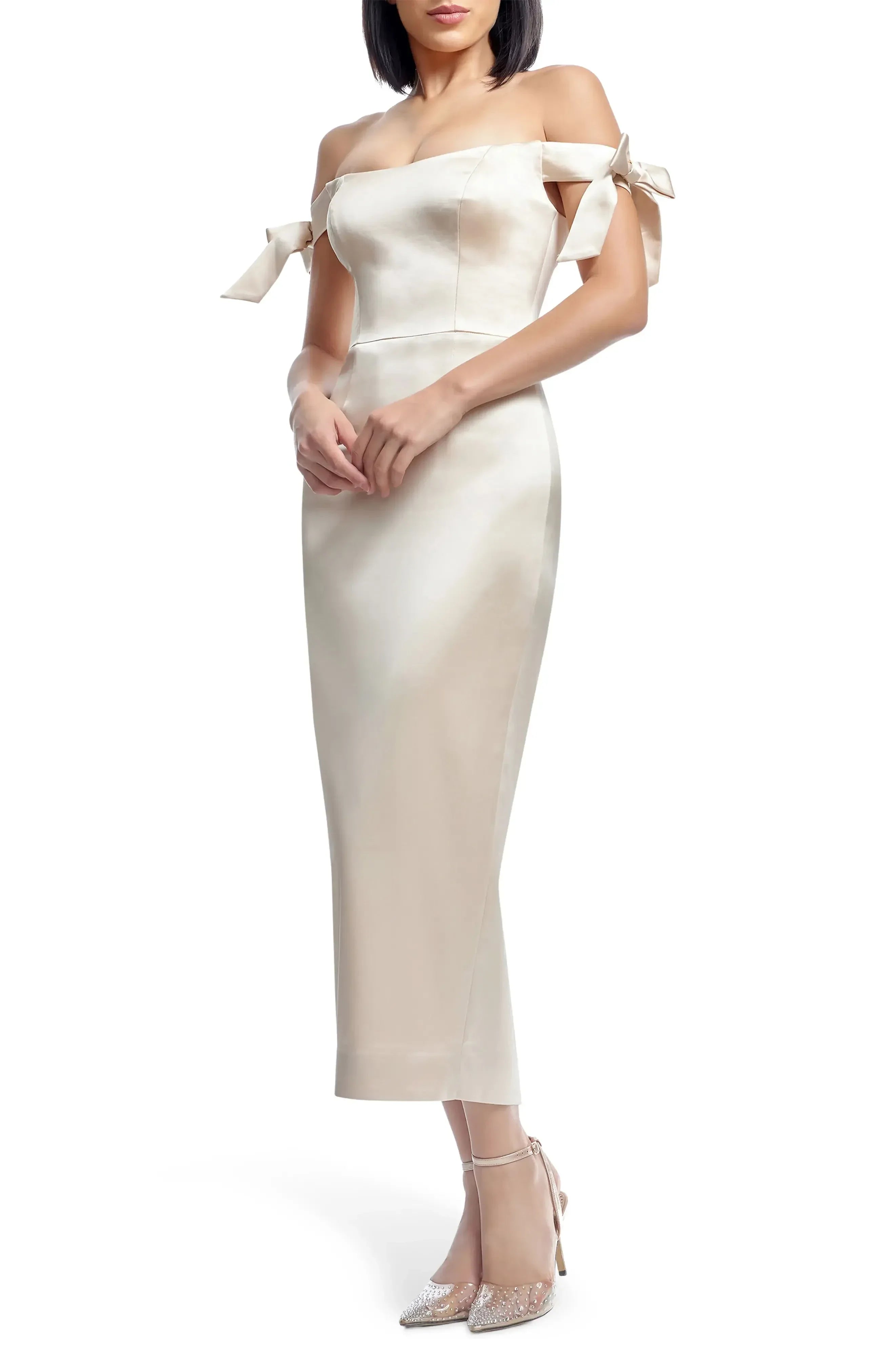 Charming Sheath Off Shoulder Bow Sleeve Zipper Back Midi Length Evening Dress