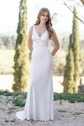 Charming Sheath Plunging V Neck Sleeveless Bow Back Floor Length Wedding Dress