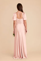 Charming Sheath Satin Square Neck Puff Sleeve Zipper Back Floor Length Bridesmaid Dress
