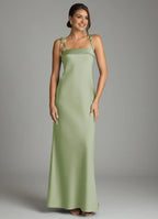 Charming Sheath Satin Square Neck Spaghetti Strap Open Back Floor Length Bridesmaid Dress
