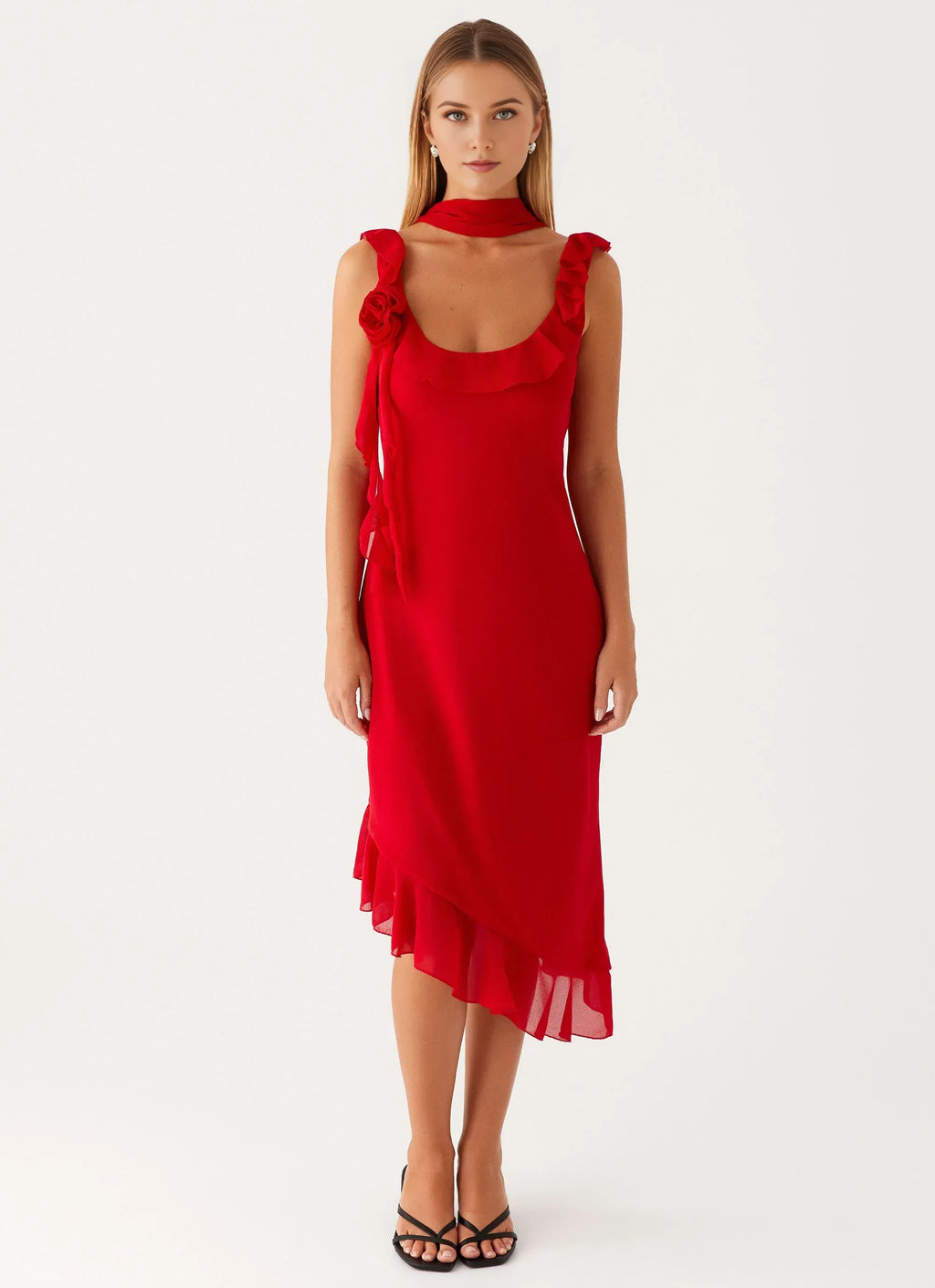 Charming Sheath Scoop Neck Sleeveless Ruffled Tie Back Asymmetric Midi Plus Size Evening Dress