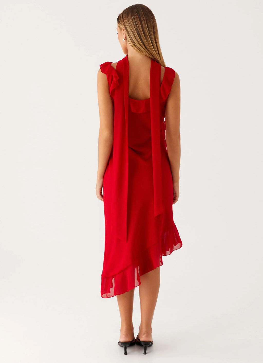 Charming Sheath Scoop Neck Sleeveless Ruffled Tie Back Asymmetric Midi Plus Size Evening Dress