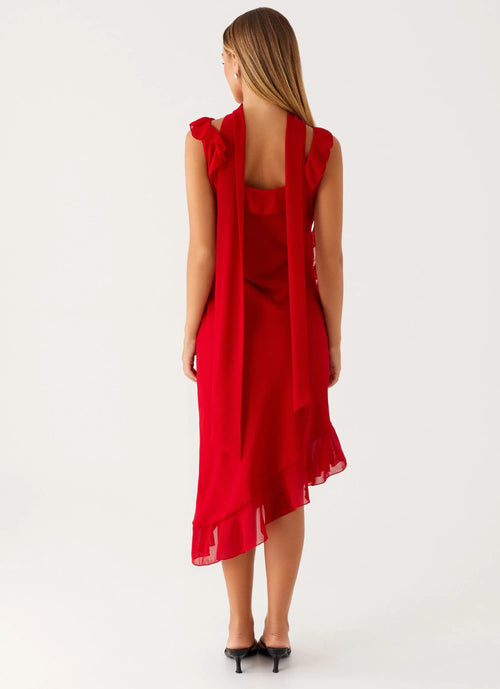 Charmante robe de soirée asymétrique midi grande taille sans manches à col rond avec volants et liens au dos