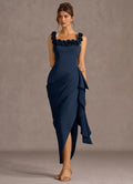 Charming Sheath Square Neck Rosette Trim Sleeveless Open Back Midi Length Hot sale Prom Dress