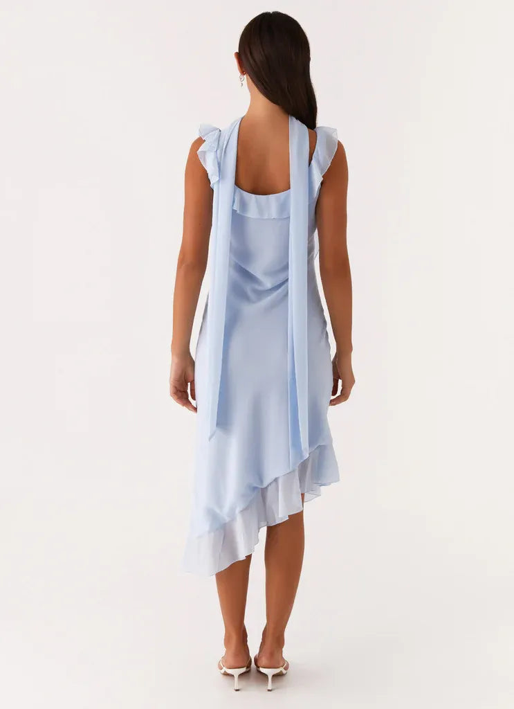 Charming Sheath Square Neck Sleeveless Ruffled Trim Asymmetric Midi Plus Size Evening Dress