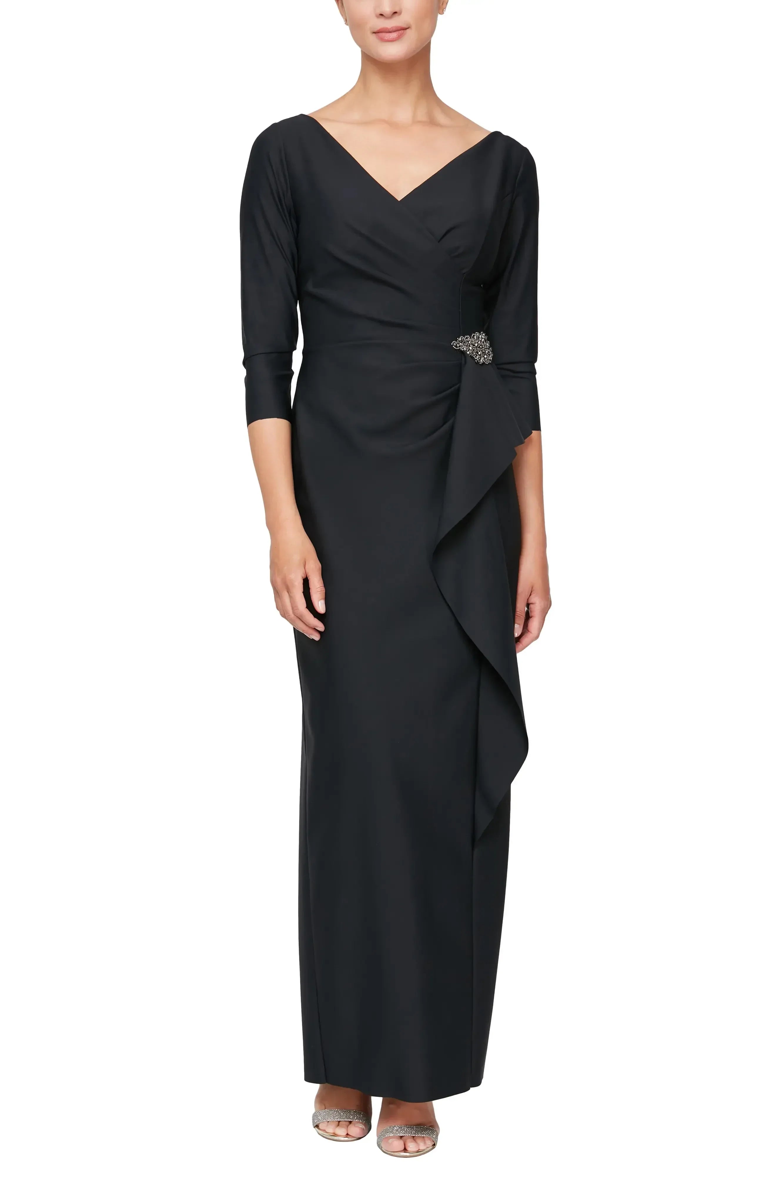 Charming Sheath V Neck Three Quarter Sleeve Zipper Back Floor Length Evening Dress