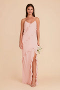 Charming Slip Chiffon V Neck Spaghetti Strap Open Back Floor Length Bridesmaid Dress