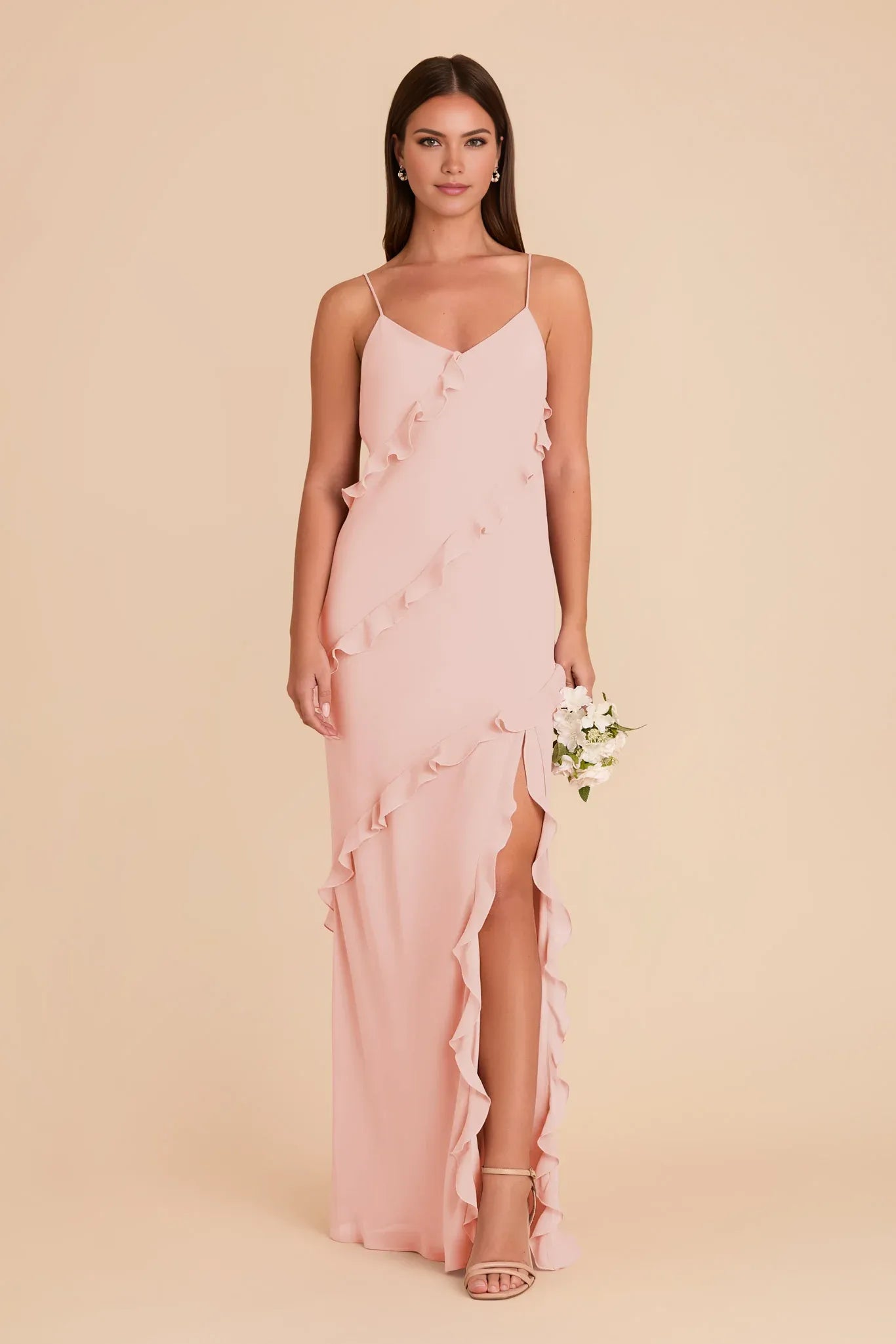 Charming Slip Chiffon V Neck Spaghetti Strap Open Back Floor Length Bridesmaid Dress