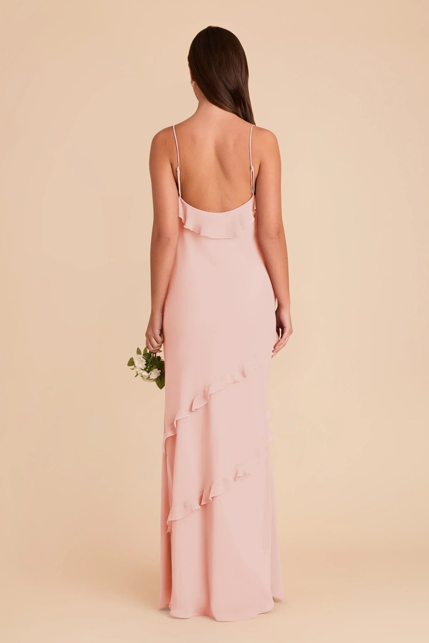 Charming Slip Chiffon V Neck Spaghetti Strap Open Back Floor Length Bridesmaid Dress