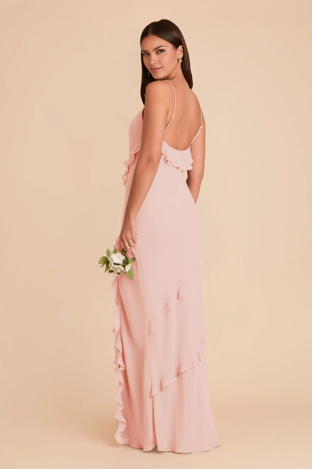 Charming Slip Chiffon V Neck Spaghetti Strap Open Back Floor Length Bridesmaid Dress
