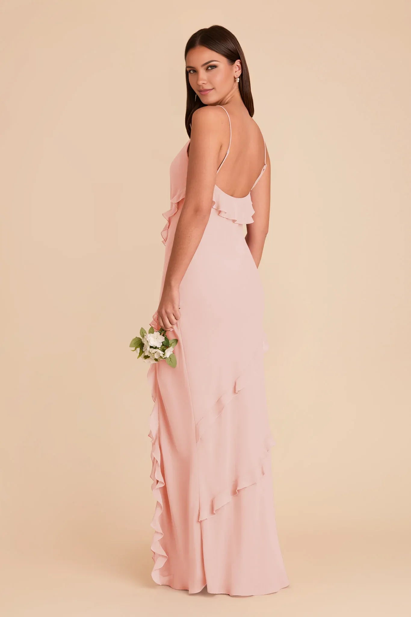 Charming Slip Chiffon V Neck Spaghetti Strap Open Back Floor Length Bridesmaid Dress