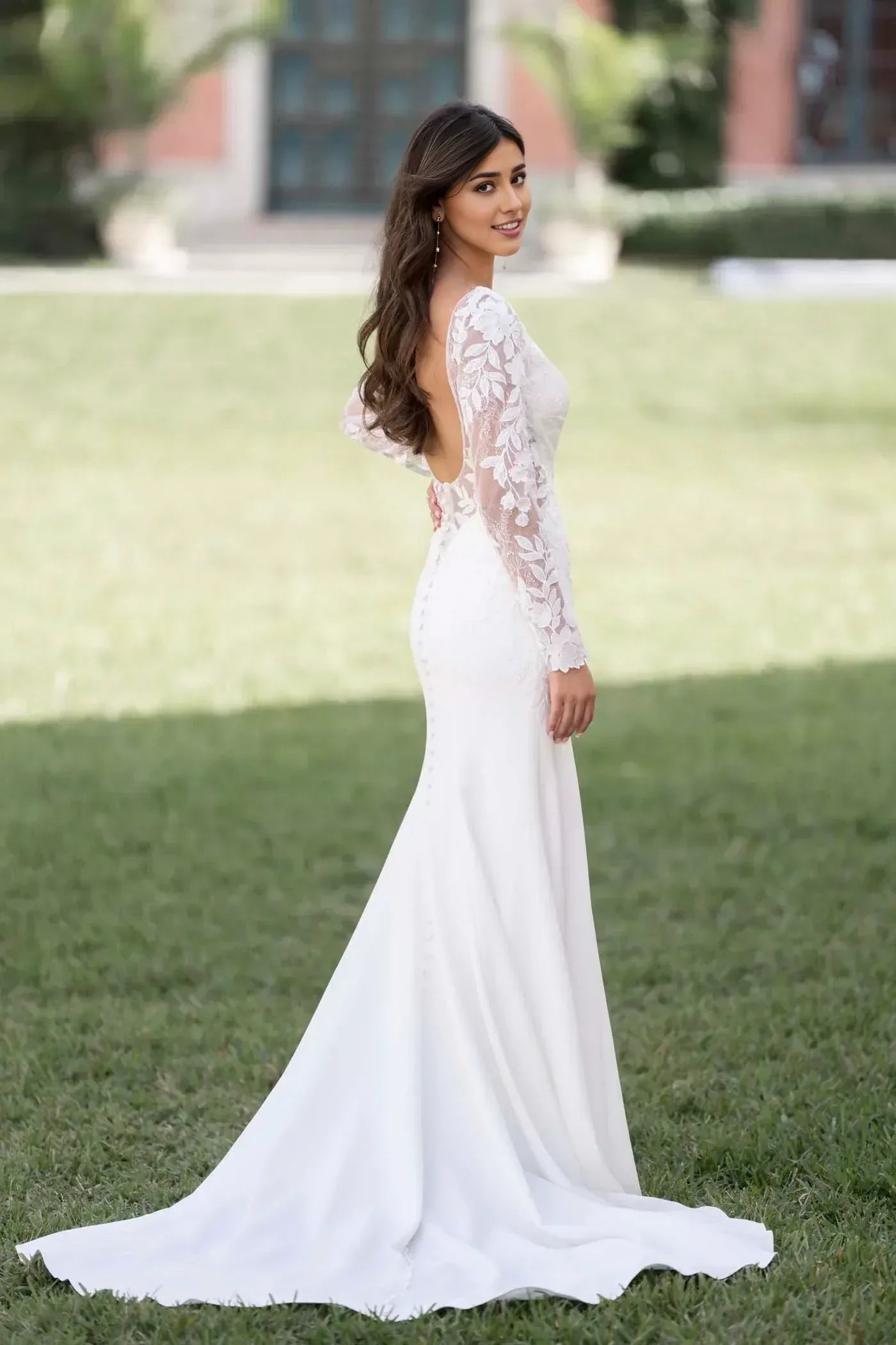Charming Trumpet Boat Neck Long Sleeve Open Back Floor Length Wedding Dress