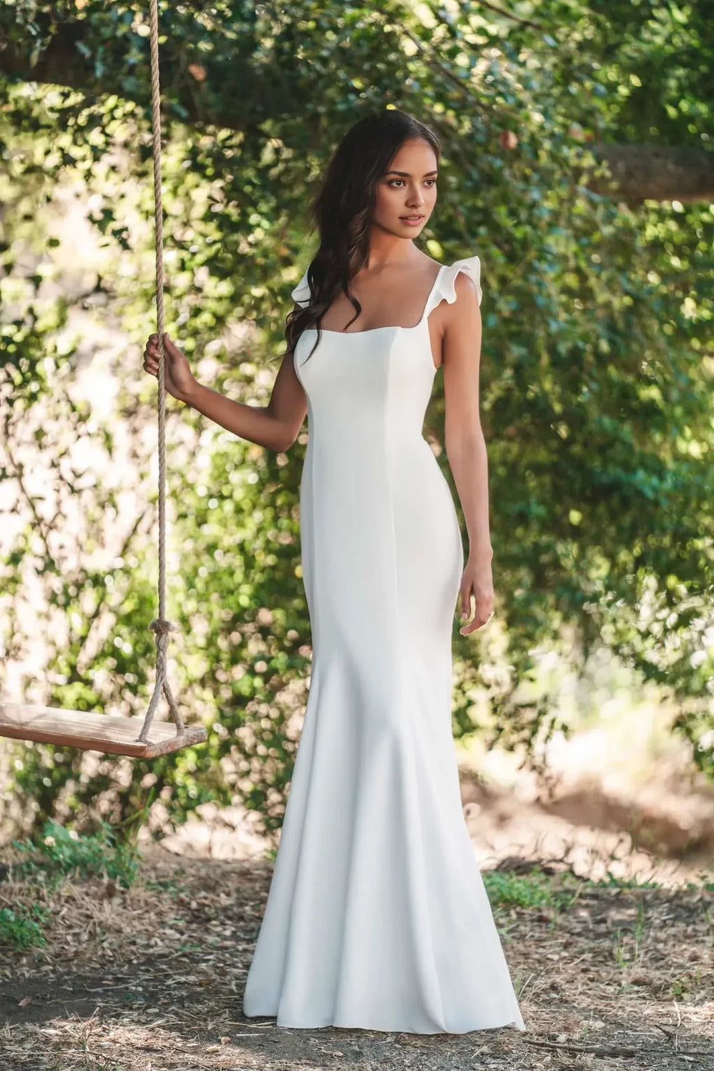 Charming Trumpet Square Neckline Ruffled Strap Open Back Floor Length Wedding Dress