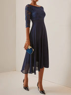 Charming A-Line Crew Neck Half Sleeve Zipper Up Tea-Length Evening Dress