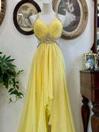 Vibrant Yellow Prom Dress For Women With Halter Neck Rhinestone Embellished Open Back A Line Chiffon Floor Length