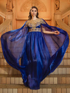 Charming A-Line High Neck Cape Sleeve Zipper Up Floor-Length Prom Dress