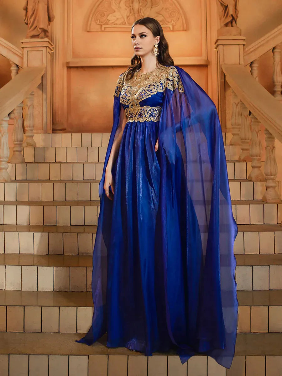 Charming A-Line High Neck Cape Sleeve Zipper Up Floor-Length Prom Dress