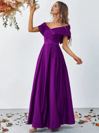 Charming A-Line Off Shoulder Cap Sleeve Zipper Up Floor-Length Prom Dress