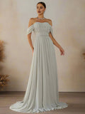 Charming A-Line Off Shoulder Dropped Shoulder Sleeves Zipper Up Sweep/Brush Train Prom Dress