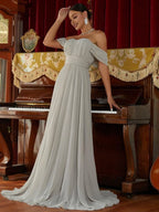 Charming A-Line Off Shoulder Dropped Shoulder Sleeves Zipper Up Sweep/Brush Train Prom Dress