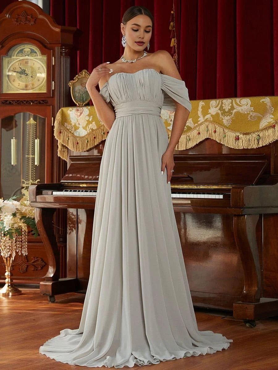 Charming A-Line Off Shoulder Dropped Shoulder Sleeves Zipper Up Sweep/Brush Train Prom Dress
