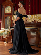 Charming A-Line Off Shoulder Dropped Shoulder Sleeves Zipper Up Sweep/Brush Train Prom Dress