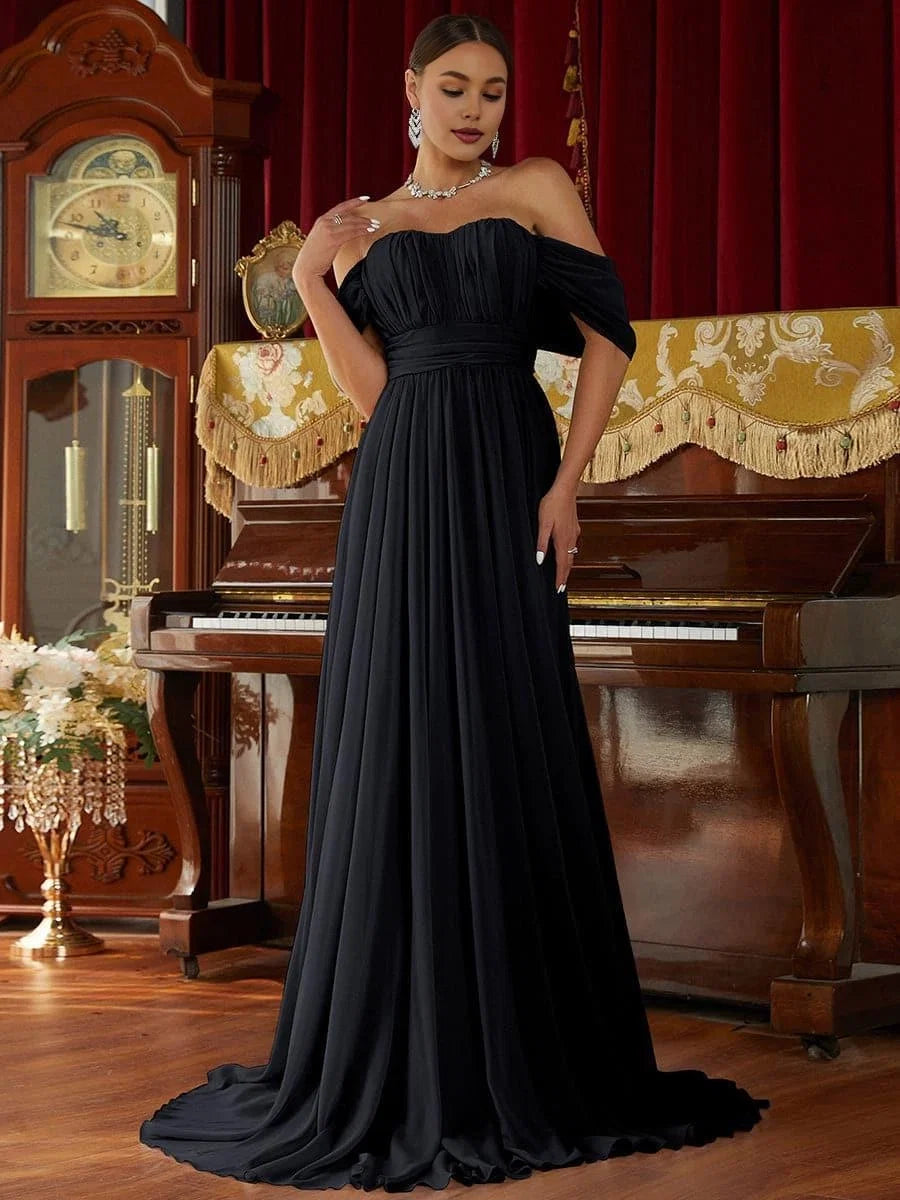 Charming A-Line Off Shoulder Dropped Shoulder Sleeves Zipper Up Sweep/Brush Train Prom Dress