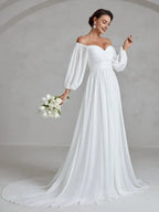 Charming A-Line Off Shoulder Lantern Sleeves Zipper Up Chapel Train Wedding Dress