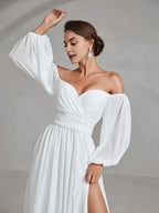 Charming A-Line Off Shoulder Lantern Sleeves Zipper Up Chapel Train Wedding Dress
