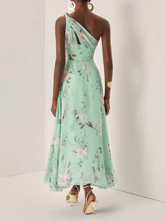 Charming A-Line One Shoulder Sleeveless Keyhole Ankle-Length Evening Dress