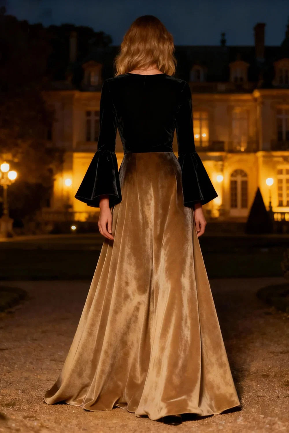 Charming A-Line Scoop Neck Flare Sleeves Sweep/Brush Train Winter Prom Dress