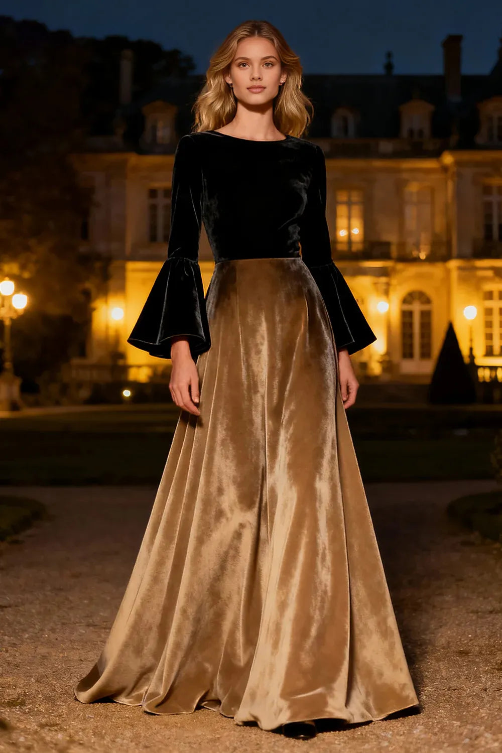 Charming A-Line Scoop Neck Flare Sleeves Sweep/Brush Train Winter Prom Dress