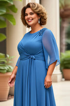 Charming A-Line Scoop Neck Long Sleeves Solid Color Floor-Length Plus Size Mother of the Bride Dress