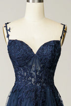 Charming A-Line Spaghetti Strap Lace Appliques Navy Floor Length Prom Dress