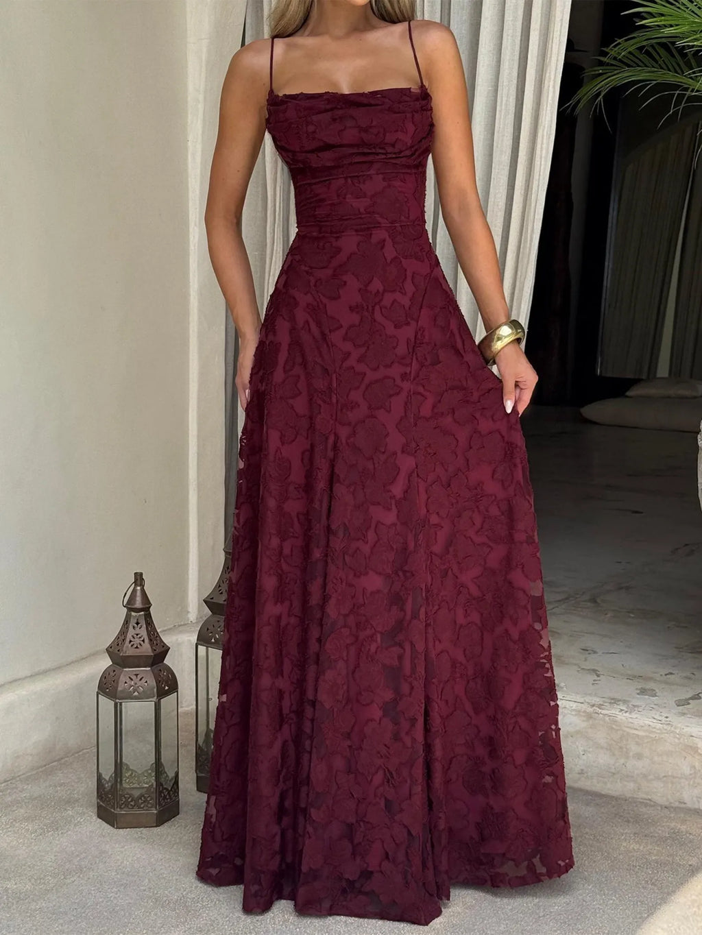 Romantic A Line Spaghetti Strap Lace Burgundy Prom Dress With Lace Up Back For Prom Night