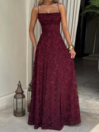 Romantic A Line Spaghetti Strap Lace Burgundy Prom Dress With Lace Up Back For Prom Night