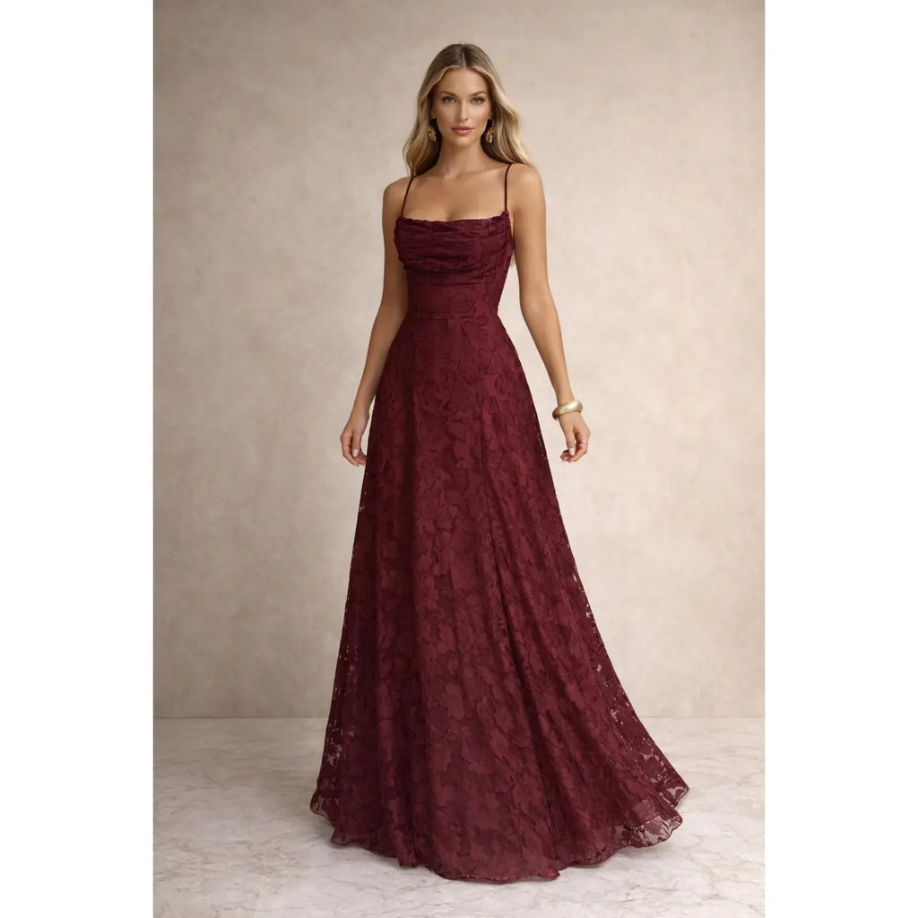 Romantic A Line Spaghetti Strap Lace Burgundy Prom Dress With Lace Up Back For Prom Night