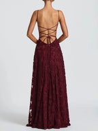 Romantic A Line Spaghetti Strap Lace Burgundy Prom Dress With Lace Up Back For Prom Night