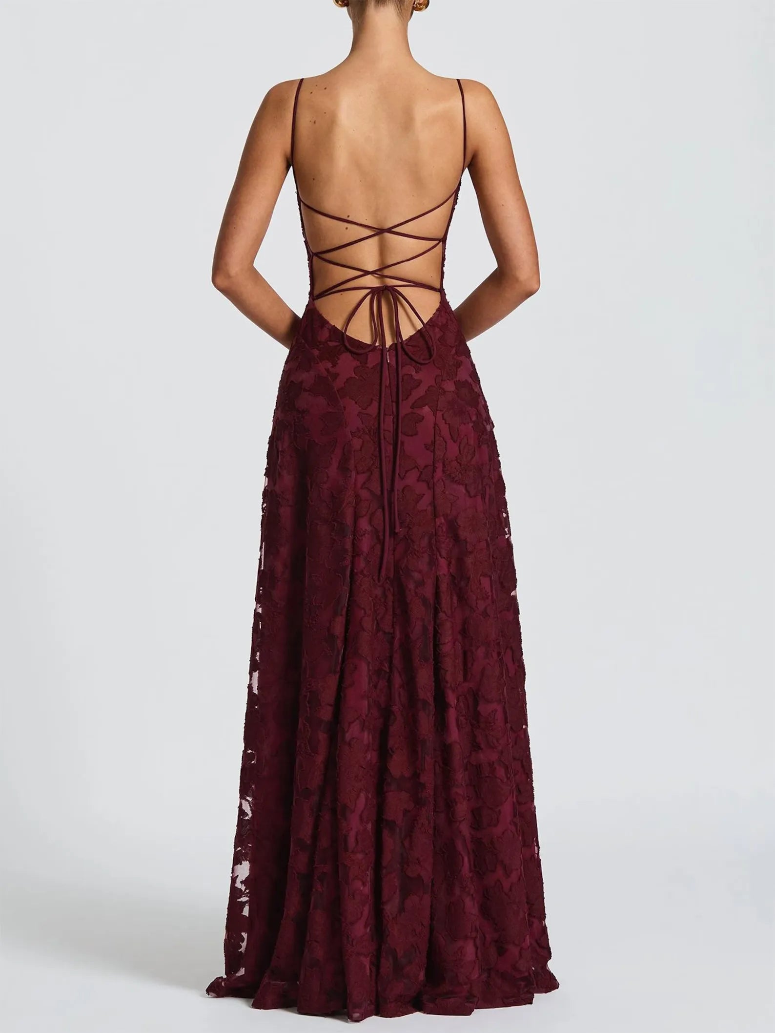 Romantic A Line Spaghetti Strap Lace Burgundy Prom Dress With Lace Up Back For Prom Night