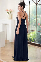 Prom Dress Navy Sparkle Floor-Length A-Line With Spaghetti Straps And Slit For Glamorous Teens