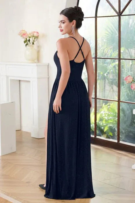 Prom Dress Navy Sparkle Floor-Length A-Line With Spaghetti Straps And Slit For Glamorous Teens