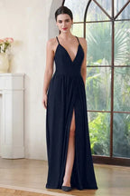 Prom Dress Navy Sparkle Floor-Length A-Line With Spaghetti Straps And Slit For Glamorous Teens