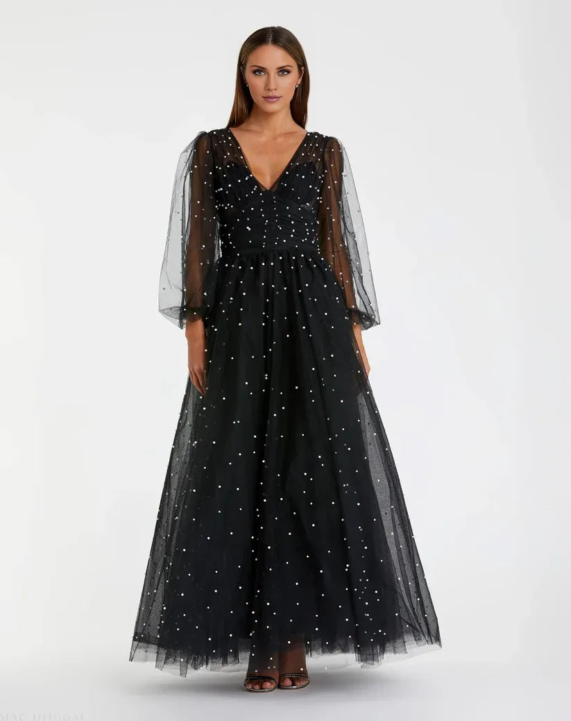 Charming A-Line V Neck Long Sheer Sleeve Zipper Up Floor-Length Prom Dress