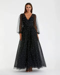 Charming A-Line V Neck Long Sheer Sleeve Zipper Up Floor-Length Prom Dress
